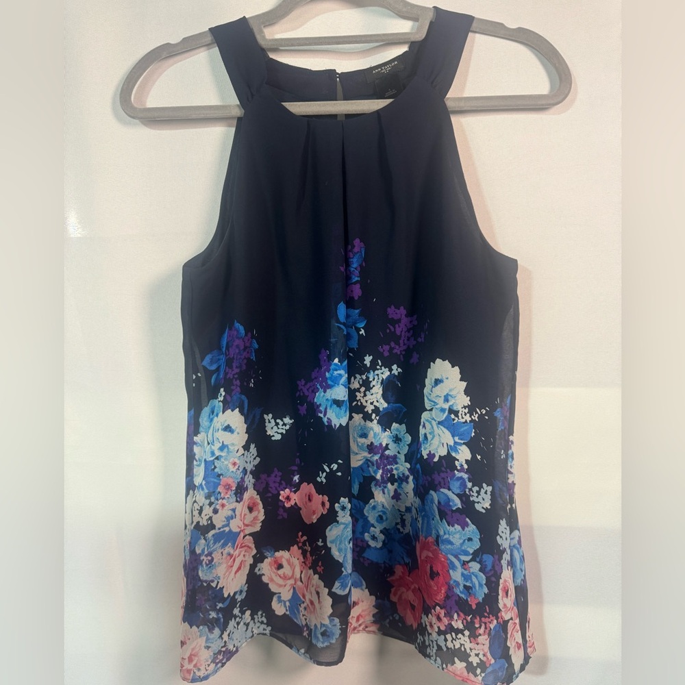 Ann Taylor Navy Sleeveless Blouse with Blue and Pink Floral Pattern
